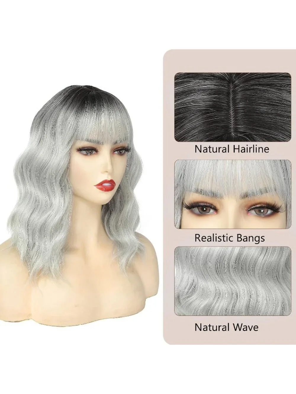 Women's Ombre Grey 14 Inch Heat Resistant Short Wavy Hair Pastel Bob Wig Bangs